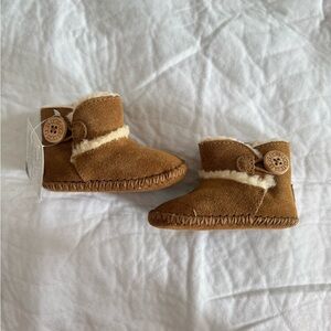 UGG Chestnut Suede Baby Booties with Shearling Trim